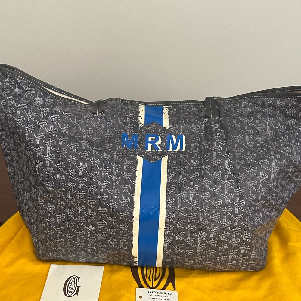 Goyard St. Louis GM Tote Bag- Gray with Blue & White Monogram/Stripe